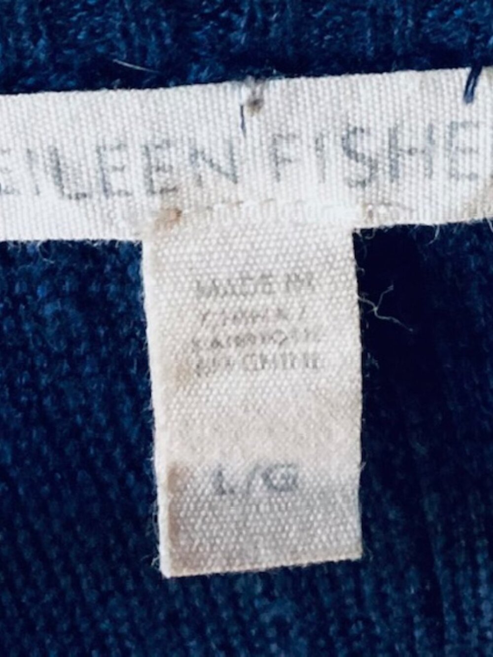 Eileen Fisher Navy Blue Linen/Cotton V-Neck Top Sz Large High Low Hem 3/4 Sleeve - Picture 3 of 6